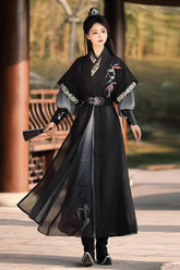 Song-Dynastie-Kreuzkragen-Gradienten-Stickerei-Klassisches Vintage-Hanfu-Kleid-Set im Black Knight-Stil